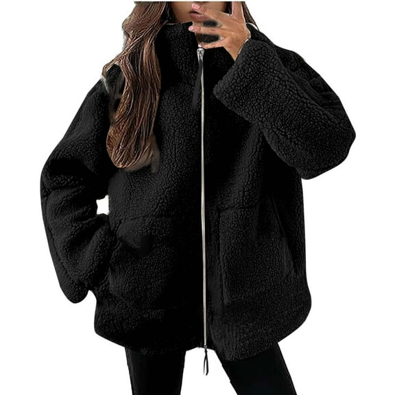 Women Winter Coats Oversized Cozy Faux Fleece Zip Jacket No Hood Stand Collar Warm Fuzzy Sherpa Overcoat (M, Black)