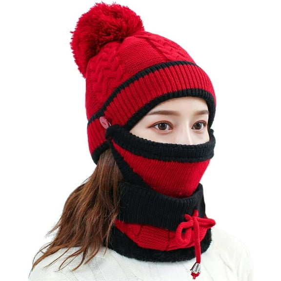 Women Winter Cold Weather Hat Set Knitted Scarf Face Cover Set Fleece Thermal Hat Neck Warmer Pom Beanie Cap for Ski