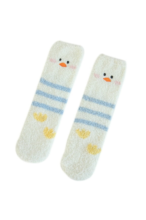 Women Winter Coral Velvet Fuzzy Slipper Socks Cute Duck Penguin Embroidered Jacquard Fluffy Plush Warm Floor Sleeping Hosiery Foot Warmers