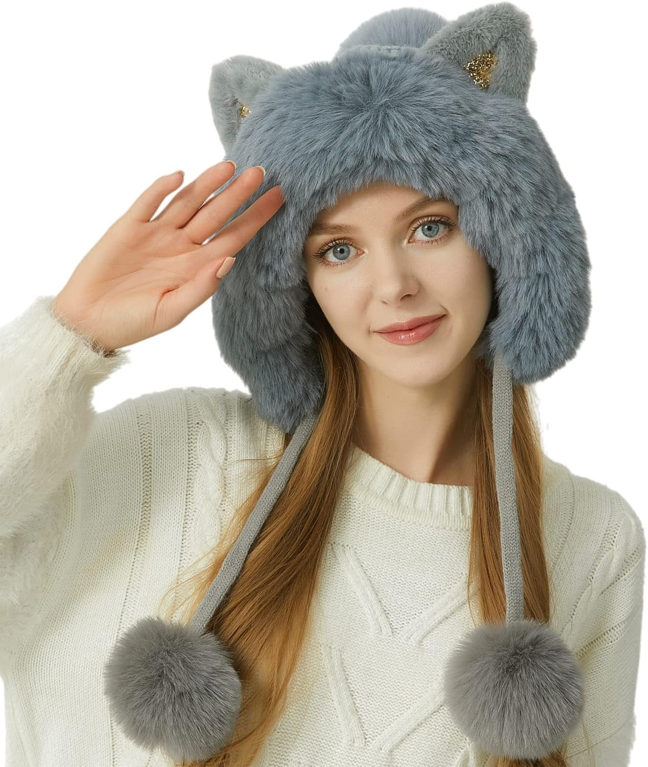 Women Winter Cover Ears Beanie Hat Ear Flaps Ski Snow Hats Knit Fleece Lined 3 Pom Pom