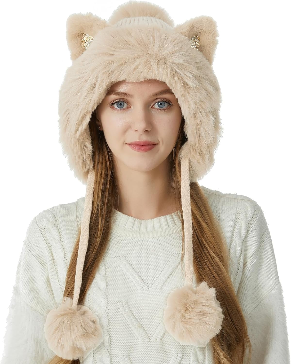 Women Winter Cover Ears Beanie Hat Ear Flaps Ski Snow Hats Knit Fleece Lined 3 Pom Pom