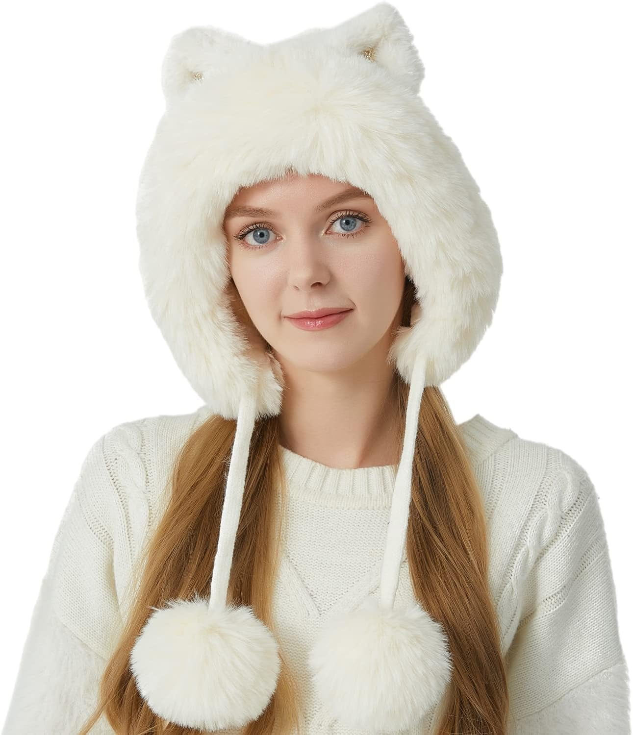 Women Winter Cover Ears Beanie Hat Ear Flaps Ski Snow Hats Knit Fleece Lined 3 Pom Pom