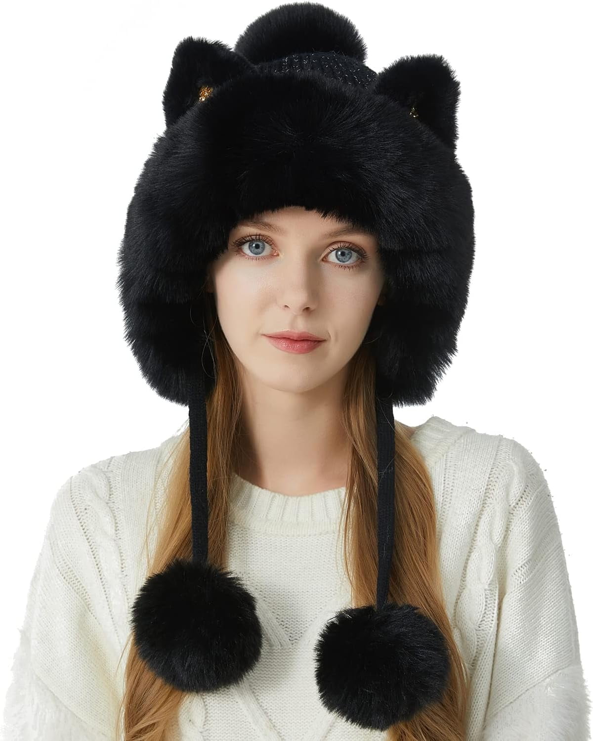 Women Winter Cover Ears Beanie Hat Ear Flaps Ski Snow Hats Knit Fleece Lined 3 Pom Pom