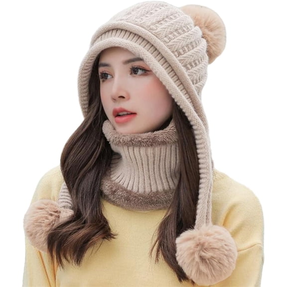 Women Winter Cover Ears Beanie Hat Scarf Set Ear Flaps Ski Snow Hats Knit Fleece Lined 3 Pom Pom