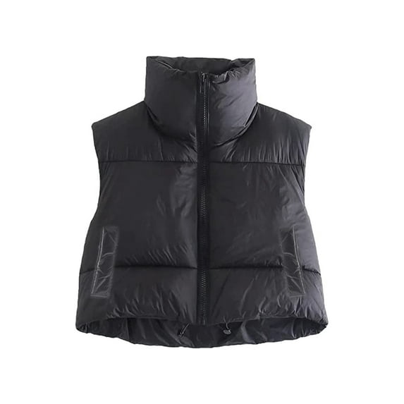 Women Winter Crop Waistcoat Sleeveless Stand Collar Zipper Puffer Vest Warm Down Coat Outerwear