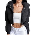 thumbnail image 1 of Women Winter Cropped Jacket Puffer Coat Solid Color Long Sleeve Stand Collar Warm Outerwear Streetwear, 1 of 9