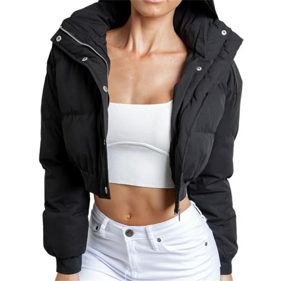 Women Winter Cropped Jacket Puffer Coat Solid Color Long Sleeve Stand Collar Warm Outerwear Streetwear