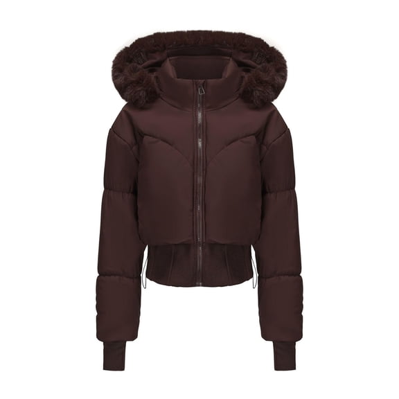 Women Winter Cropped Puffer Jacket Faux Fur Hood Stand Collar Corseted Zip Up Short Down Coat with Pockets