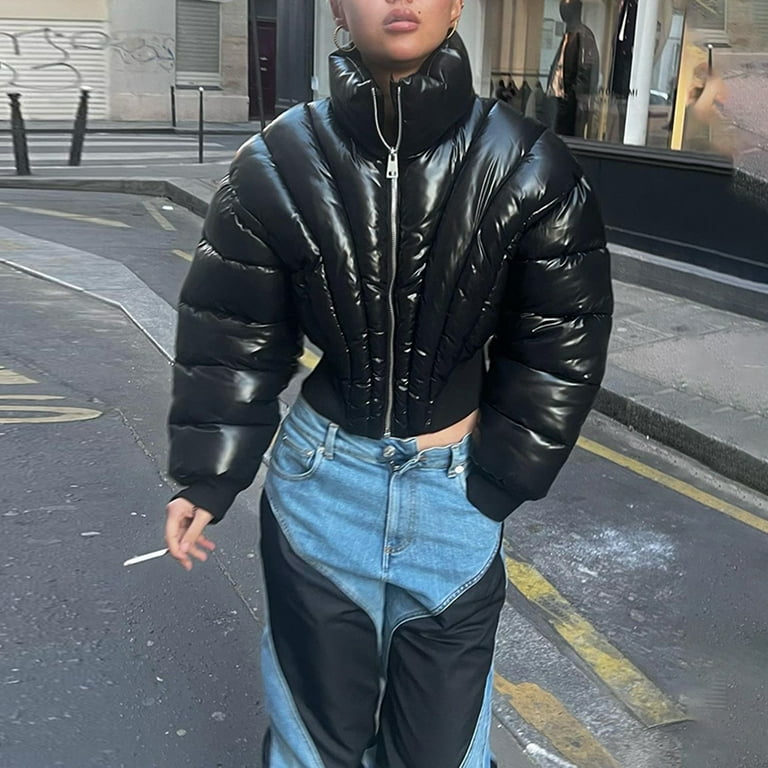 Women Winter Cropped Puffer Jacket Solid Color Down Jacket Zipper Cardigan Y2k Jacket Walmart