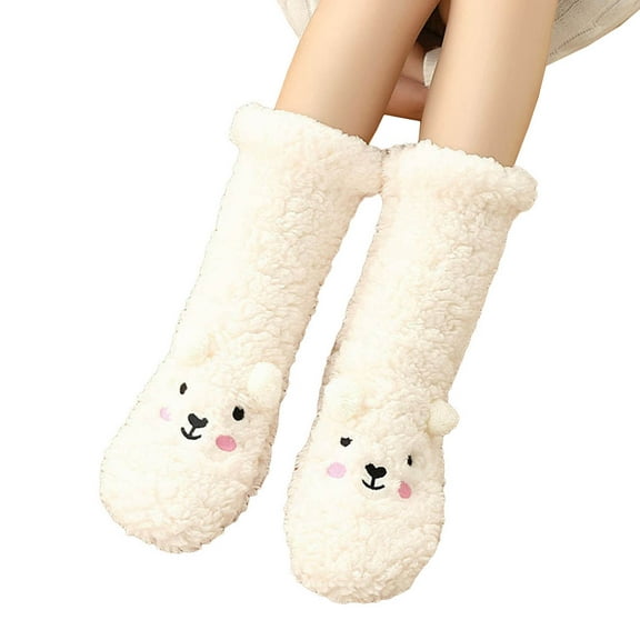 Women Winter Cute Bear Embroidery Fuzzy Slipper Socks Non Slip Warm Socks with Grips Furry Plush Sock for Home Sleeping