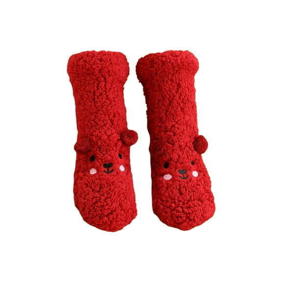Women Winter Cute Bear Embroidery Fuzzy Slipper Socks Non Slip Warm Socks with Grips Furry Plush Sock for Home Sleeping