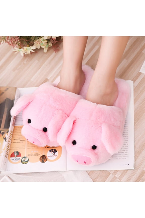 Women Winter Cute Pink Pig Animal Cartoon Plush Slippers Non-Slip Furry Shoes