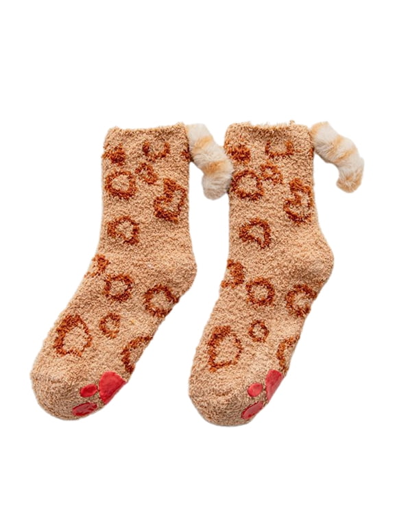Women Winter Cute for Cat Paw Fuzzy Slipper Socks with Grippers 3D Kitten Plush Tail Anti-Skid Fluffy Warm Floor Hosiery