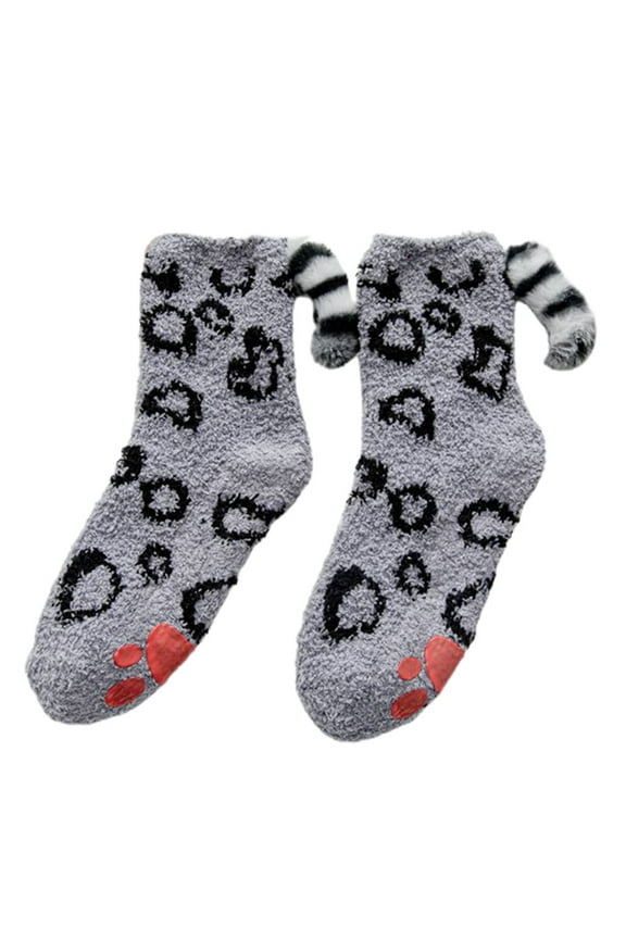 Women Winter Cute for Cat Paw Fuzzy Slipper Socks with Grippers 3D Kitten Plush Tail Anti-Skid Fluffy Warm Floor Hosiery