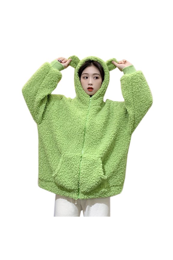 Women Winter Cute for Frog Eyes Hoodie for Jacket Long Sleeve Faux Wool Shaggy Oversized Coat Fuzzy Plush Warm Zip Up Outwear with Pockets