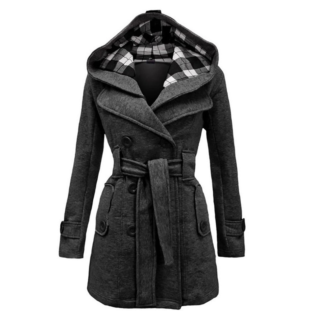 Women Winter DoubleBreasted Coat Girls Belted Long Hooded Warm Jacket