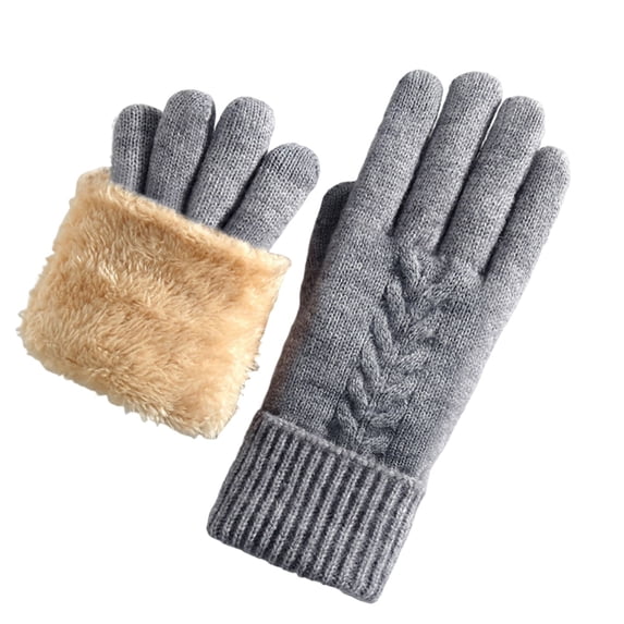 Women Winter Double Layer Fleece Lined Full Finger Knitted Gloves ...