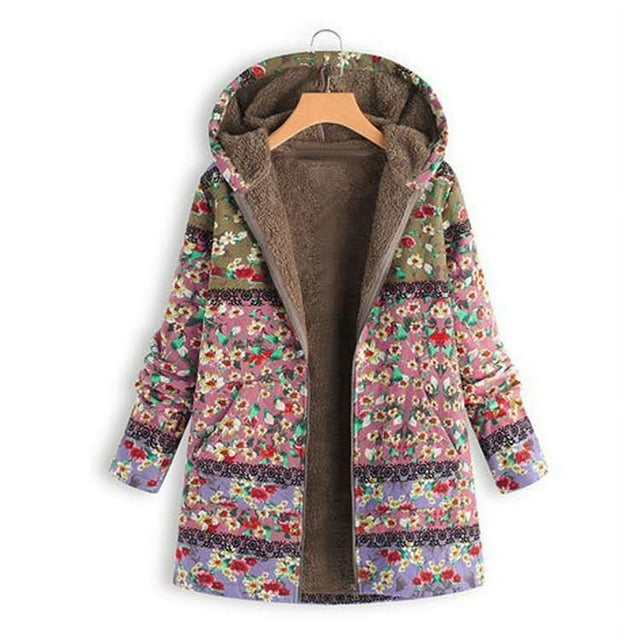 Women Winter Down Coat Printed Hooded Pockets Warm Fleece Floral Button Down Coat Jacket