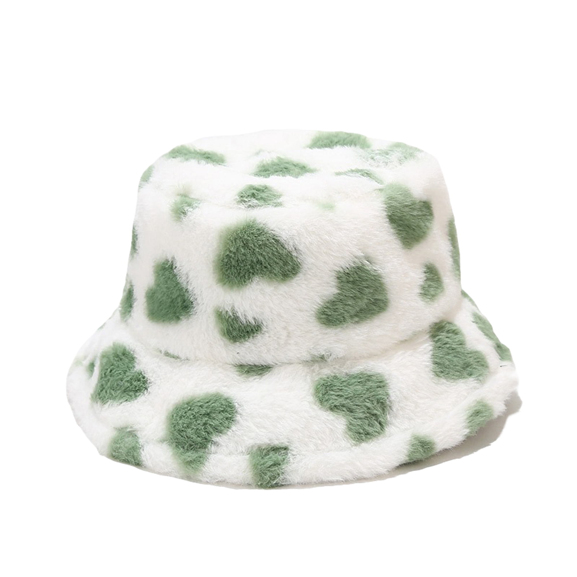 Women Winter Faux Fur Bucket Hat Heart Print Warm Plush Fisherman Hat