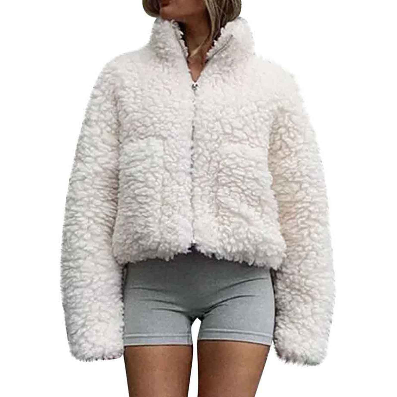 Women Winter Faux Fur Coat Soft Fluffy Fleece Cropped Jacket Long Sleeve  Warm Plush Outwear White XXL