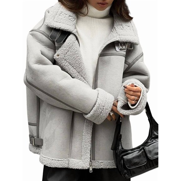 Women Winter Faux Fur Coats Thickened Shearling Patchwork Street Biker Wool Jacket Grey L