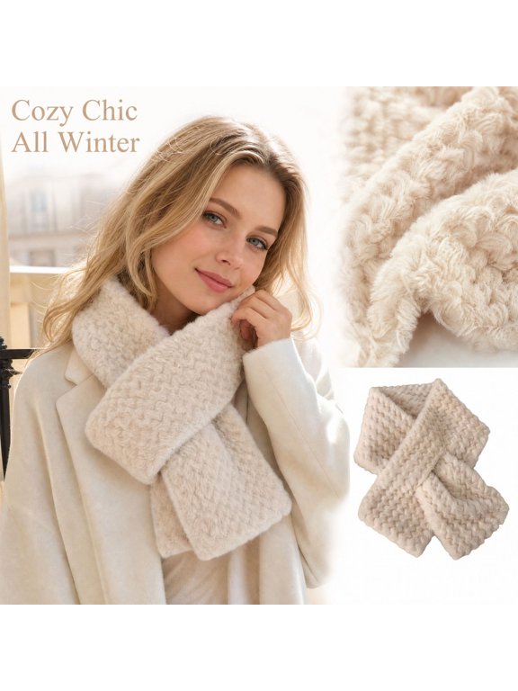 Women Winter Faux Fur Cross Tie Scarf, Soft Fluffy Textured Neck Warmer, Thick Plush Neck Wrap, Easy Wear for Outdoor