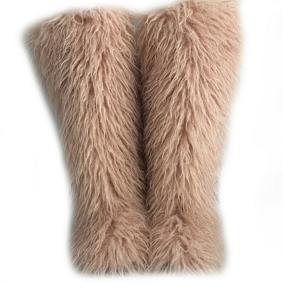 Women Winter Faux Mongolian Fur Knee High Snow Boots Fluffy Warm Long Boots Outside Big Size