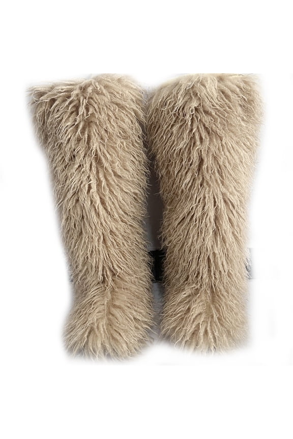 Women Winter Faux Mongolian Fur Knee High Snow Boots Fluffy Warm Long Boots Outside Big Size