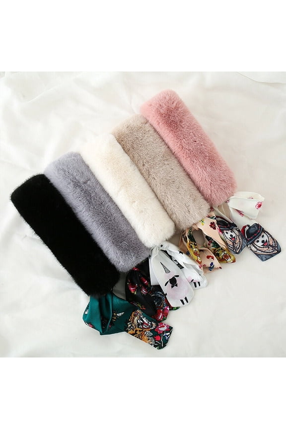 Women Winter Faux Rabbit Fur Collar Leopard Print Ribbon Tied Bow Scarf Warm