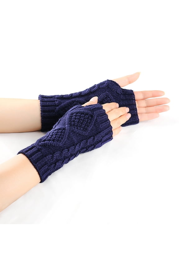 Women Winter Fingerless Thermal Knitted With Thumb Holes, A, Dark Blue