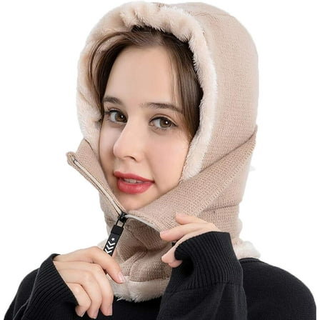 Women Winter Fleece Lined Balaclava Windproof Warm Knit Full Cover Hooded Cap