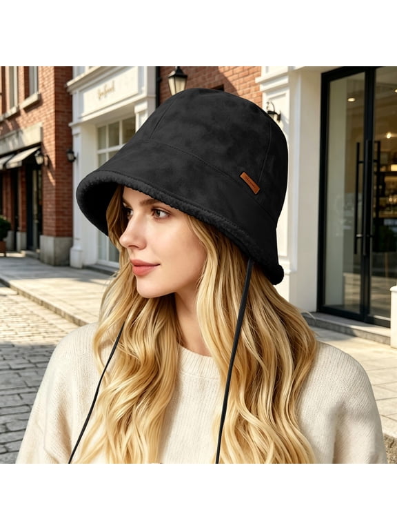 Women Winter Fleece Lined Bucket Hat, LSONABXA Suede Outer Sherpa Lined Warm Ear Protection Bucket Cap, Windproof Adjustable Drawstring Accessory For Cold Weather Daily Outdoor Travel Wear