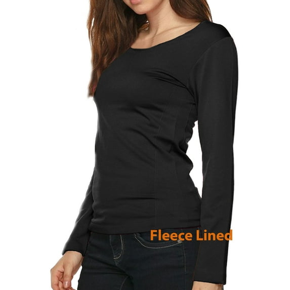 Women Winter Fleece Lined Crew Neck Long Sleeve Slim Fit Stretch Tight Shirt