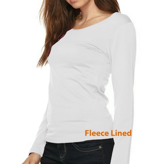 Women Winter Fleece Lined Crew Neck Long Sleeve Slim Fit Stretch Tight Shirt