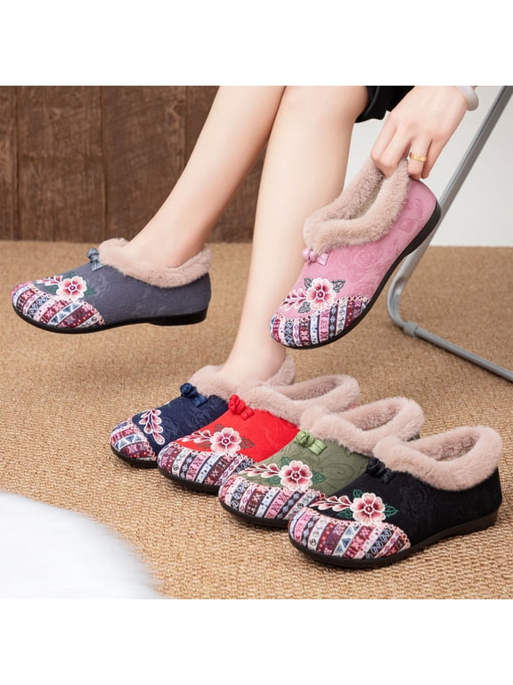 Women Winter Fleece Lined Loafers Shoes for Women Ethnic Floral Embroidery Slip On Flats Soft Fabric Non Slip Warm Cotton Shoes Women Casual Dress Comfort Flat Walking Winter Shoes for Women Multi