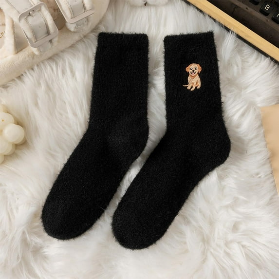 Women Winter Fleece Lined Mid Calf Socks Cute Embroidered Puppy Thick Warm Sleep Socks Cozy Fuzzy Socks for Indoor Floor Wear Soft Plush Cold Weather Socks Gift