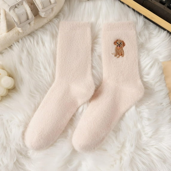 Women Winter Fleece Lined Mid Calf Socks Cute Embroidered Puppy Thick Warm Sleep Socks Cozy Fuzzy Socks for Indoor Floor Wear Soft Plush Cold Weather Socks Gift