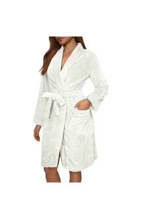Women Winter Fleece Robe, Comfortable Open-Front Wrap V-Neck Shawl Collar Short Bathrobe with Tie Waist, Pockets, Thick Robes