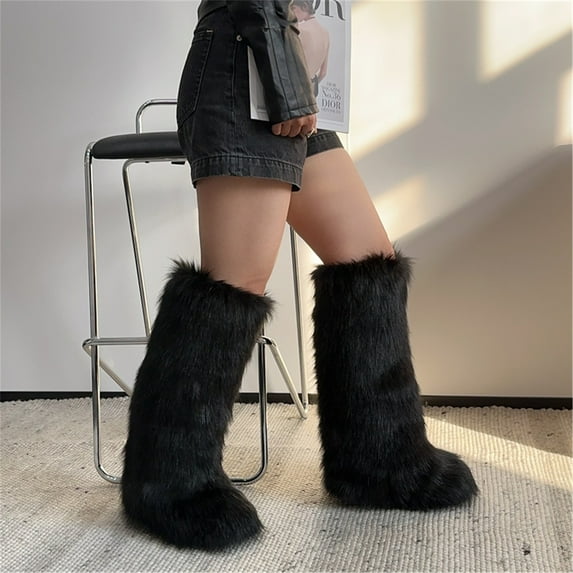 Women Winter Fluffy Faux Fur Knee High Boots Outdoor Non-slip PVC Soles Warm Snow Boots