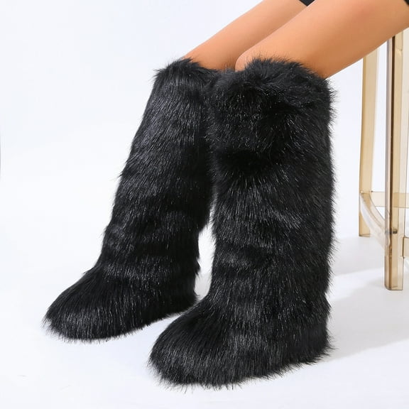 Women Winter Fluffy Faux Fur Knee High Boots Y2K Outdoor Snow Boots Luxurious Fashion Shoes