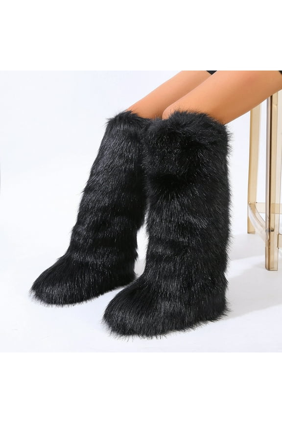 Women Winter Fluffy Faux Fur Knee High Boots Y2K Outdoor Snow Boots Luxurious Fashion Shoes