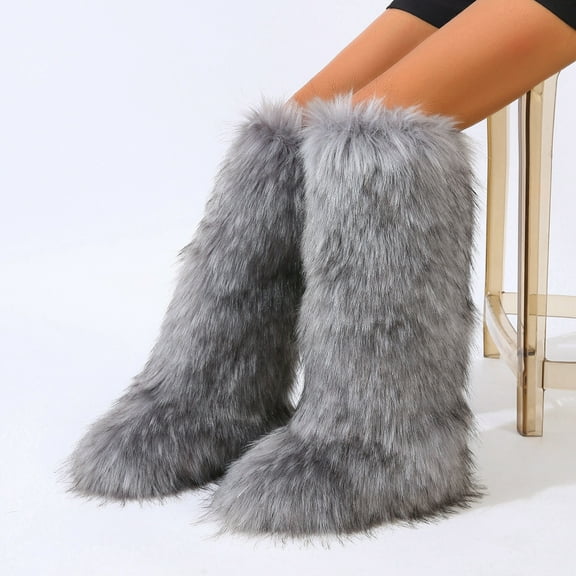 Women Winter Fluffy Faux Fur Knee High Boots Y2K Outdoor Snow Boots Luxurious Fashion Shoes