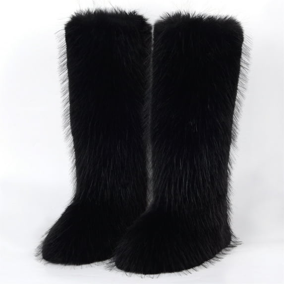 Women Winter Fluffy Faux Fur Knee High Snow Boots Girl's Over-the-Knee Furry Warm Boots Stylish Winter Footwear Shoes
