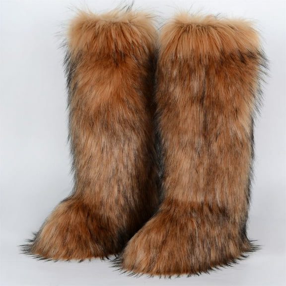 Women Winter Fluffy Faux Fur Knee High Snow Boots Girl's Over-the-Knee Furry Warm Boots Stylish Winter Footwear Shoes