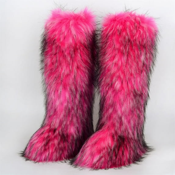 Women Winter Fluffy Faux Fur Knee High Snow Boots Girl's Over-the-Knee Furry Warm Boots Stylish Winter Footwear Shoes