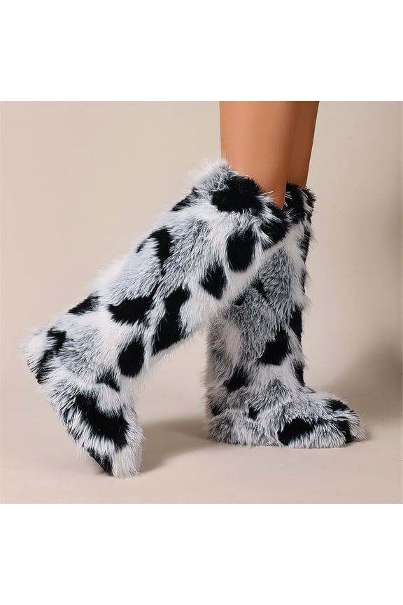 Women Winter Fluffy Faux Fur Knee High Snow Boots Solid Non-slip PVC Soles Outdoor Warm Boots Big Size