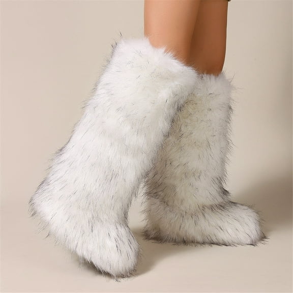 Women Winter Fluffy Faux Fur Knee High Snow Boots Solid Non-slip PVC Soles Outdoor Warm Boots Big Size