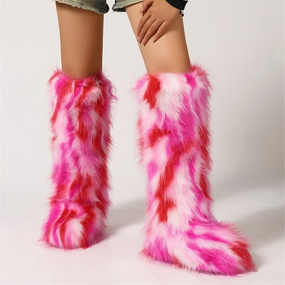 Women Winter Solid Plush Faux Fur Knee High Snow Boots Non-slip PVC Soles Warm Boots Outdoor