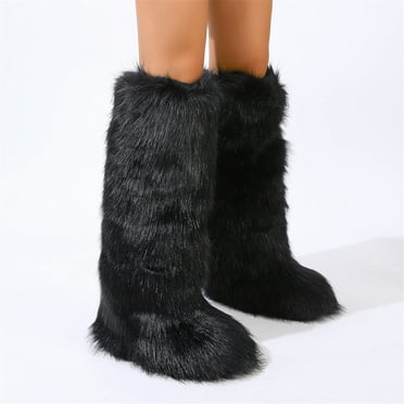 Women Winter Fluffy Faux Fur Knee High Snow Boots Solid Non-slip PVC Soles Outdoor Warm Boots Big Size