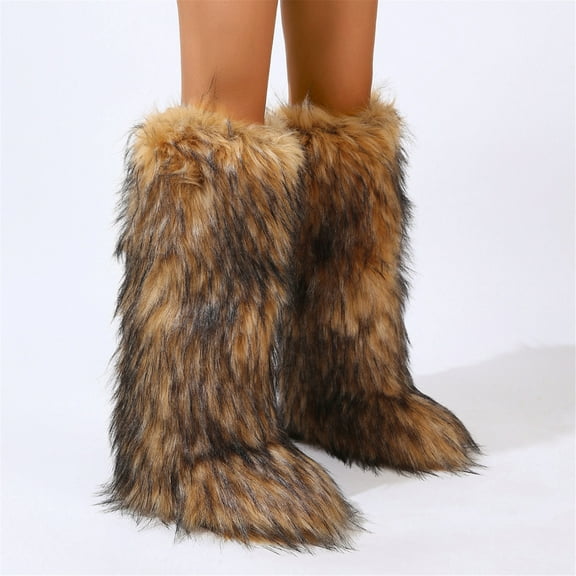 Women Winter Fluffy Faux Fur Knee High Snow Boots Solid Non-slip PVC Soles Outdoor Warm Boots Big Size